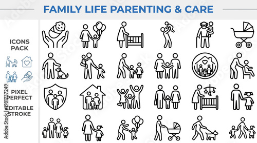 Family life parenting children daily routine outline vector icons