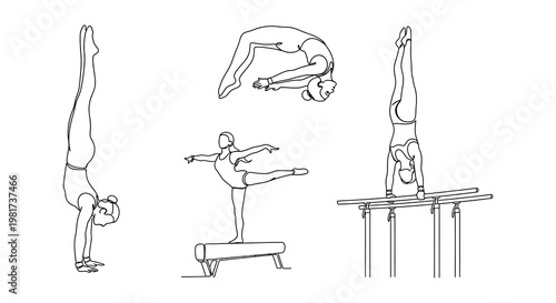 Gymnastics poses illustrated with continuous lines showcasing flexibility and skill