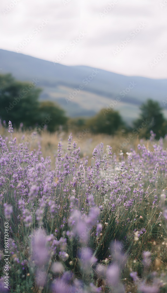 Obraz premium Serene lavender field landscape captures peaceful countryside beauty under soft diffused light