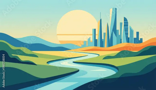 Minimal , Ocean , Wave , Vector , Background , Abstract , Sea , Waves , Illustration , Design , Flat , Ocean  , Landscape , Vector , town , building