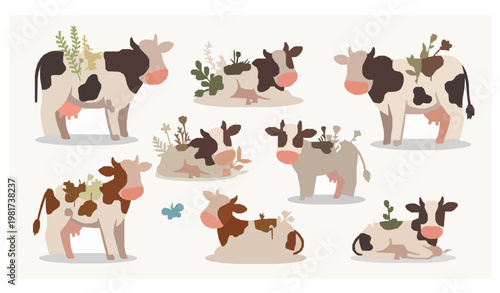 Cartoon cow characters with flowers butterfly farm vector set