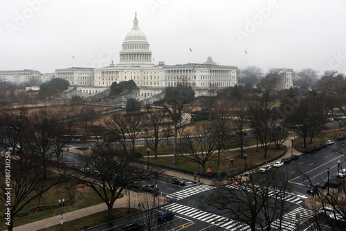 Washington, D.C. United States - April 12 2026: A view of the U.S. Capitol building on a rainy day showing the iconic dome and neoclassical architecture in wet weather conditions