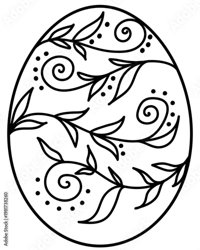 Outline Easter egg with doodle branches and spirals, coloring page for holiday creativity or design