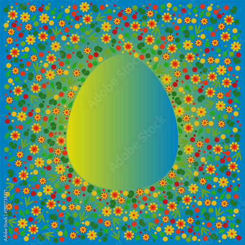 Vector Easter greeting card featuring a large egg-shaped frame with a smooth gradient, surrounded by a dense pattern of small yellow flowers, green leaves, and colorful dots