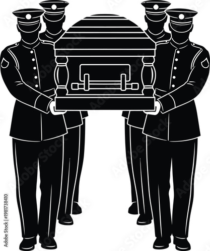 Solemn procession pallbearers carrying a casket in a black and white illustration