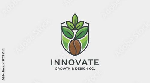 This logo showcases a shield design with leaves and a seed, representing innovation in growth and design, aimed at environmental and organic connections for clients.