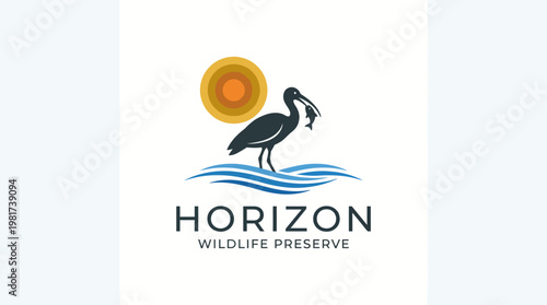 A nature-inspired logo depicting a pelican amidst waves and a sun, symbolizing wildlife conservation and environmental protection, suitable for reserves or nature-related branding.