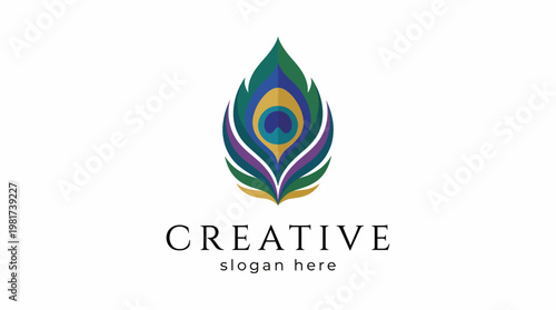 This artistic logo incorporates vibrant peacock feathers, symbolizing creativity, beauty, and uniqueness, ideal for artistic brands or creative agencies.