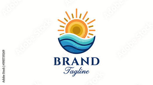This captivating logo showcases a radiant sun rising over stylized waves, symbolizing hope and freshness, suitable for businesses in travel, tourism, or wellness.
