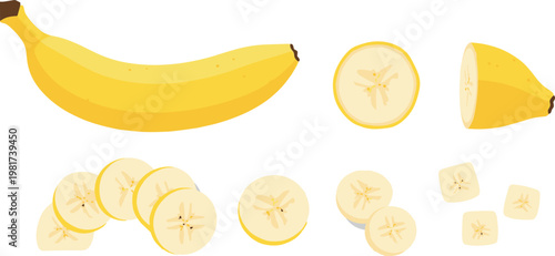 Banana fruit vector set with whole, sliced and chopped pieces, fresh yellow tropical illustration isolated on light background