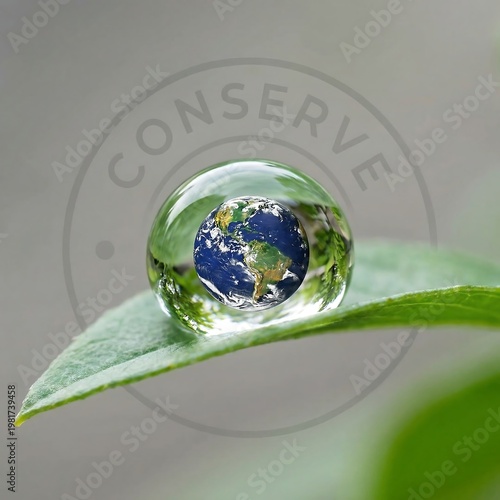 Delicate Earth reflected in a pristine water droplet on a vibrant green leaf, symbolizing global environmental conservation and the vital importance of nature's purity