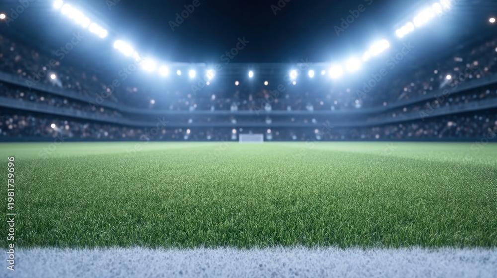 Naklejka premium Lush Green Grass on a Sports Field Surrounded by Bright Stadium Lights at Night for an Engaging Athletic Experience