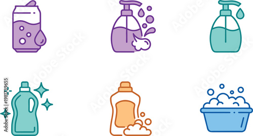 Set of cleaning liquid and detergent icons illustration, household hygiene products collection with soap bottles foam and washing supplies minimal flat design