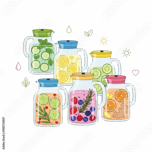 Colorful illustration of six pitchers filled with refreshing summer drinks and fruits on a clean surface