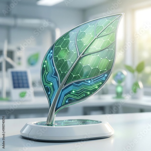 Sustainable Tech Future Stylized leaf with integrated solar cells and circuit designs, symbolizing green energy, renewable power, and environmental innovation