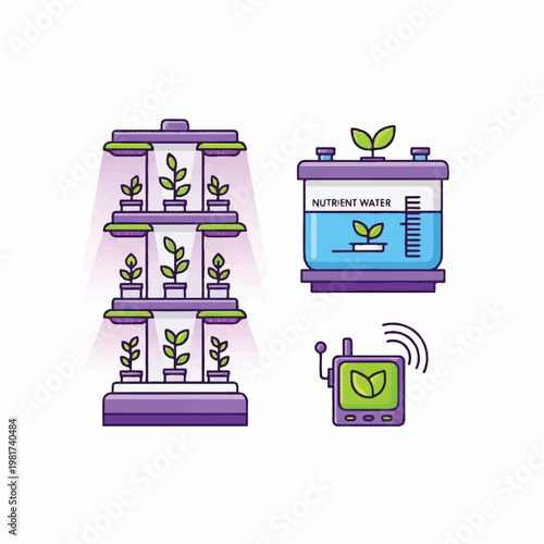 An indoor hydroponic system with plants growing under LED lights next to a nutrient water tank and a sensor device in a modern laboratory setting.
