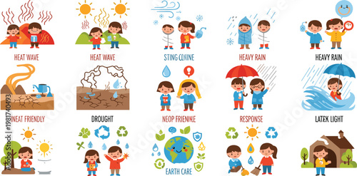 Climate change concept flat vector set with kids weather effects heatwave drought heavy rain flooding environmental awareness cartoon illustrations
