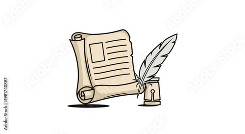 Classic illustration of a parchment scroll with a quill pen and an inkwell, symbolizing writing, historical documents, literature, and official records.