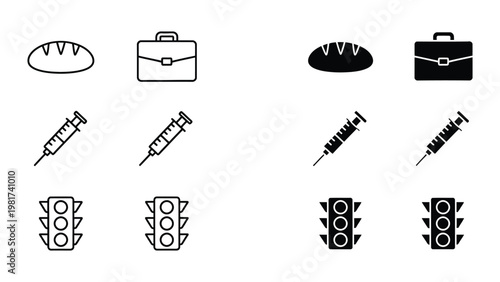 Contrasting icon sets depicting objects in light and dark variations