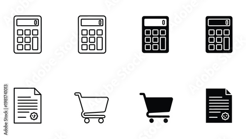 Icons representing financial and shopping-related activities with calculators and documents