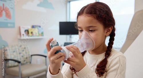 Young girl using an asthma inhaler with a spacer and face mask in a pediatric clinic, respiratory health, child medical care, asthma treatment.