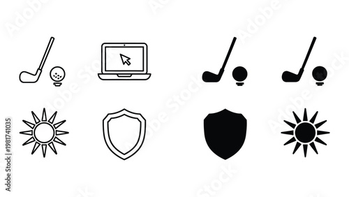 Iconic symbols representing technology, sports, security, and natural elements
