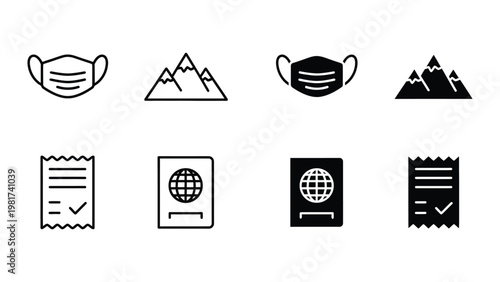 Icons representing travel requirements and health precautions during trips