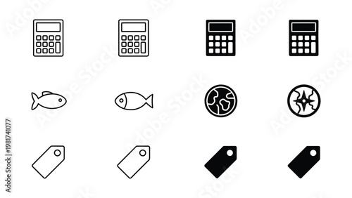 Assorted icons featuring calculators, fish, globes, and price tags in a grid layout