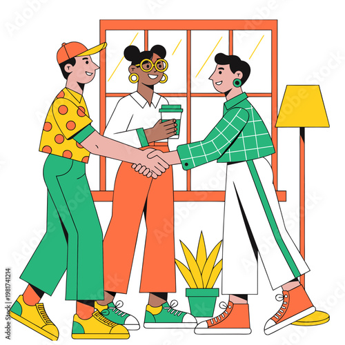 People congratulating each other on success with handshake vector illustration