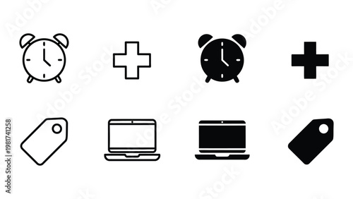 Contrast icon pairs of clocks, laptops, and tags with plus signs