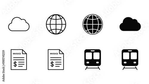 Icons representing cloud services, invoices, and transportation modes in black and white