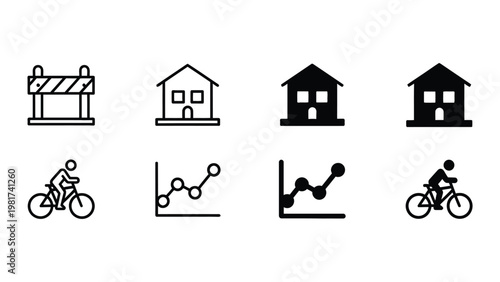 Contrasting housing market trends and commuting preferences depicted through icons