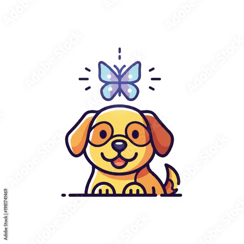 A cute dog sees a butterfly flying above it happily outside.