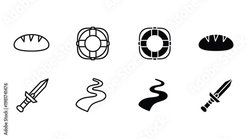 Contrasting icon pairs depicting food, safety, and weaponry with varying styles