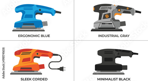 Set of electric sanders illustration with different styles, woodworking power tools collection and surface finishing equipment concept minimal design
