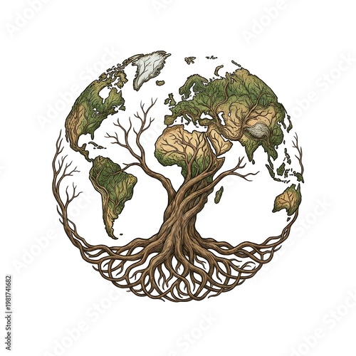 Globe shaped tree with roots spreading out, representing Earth's interconnectedness and growth