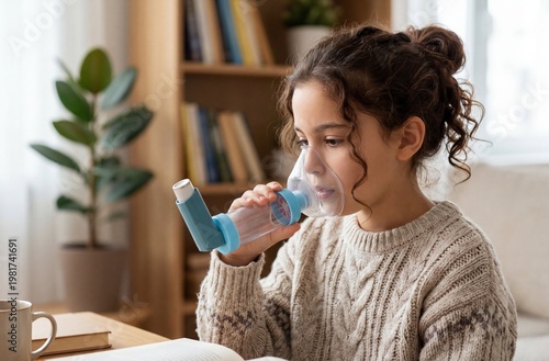 Young girl sitting at a desk studying while using an asthma inhaler with a spacer and mask. Home healthcare, child respiratory treatment, daily routine.