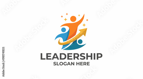 This vibrant image illustrates the concept of leadership through multi-colored figures, symbolizing teamwork, growth, and motivation, complemented by an upward arrow.