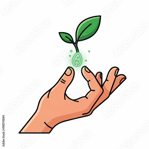 A hand nurturing a green plant with glowing leaf symbol