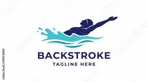 A silhouette of a swimmer gracefully executing the backstroke technique, surrounded by stylized waves, representing motion, freedom, and aquatic sports enjoyment.