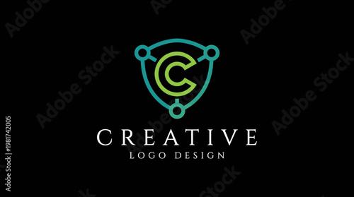 This logo design features a contemporary and dynamic shield combined with interconnected nodes, symbolizing creativity and innovative branding for businesses.