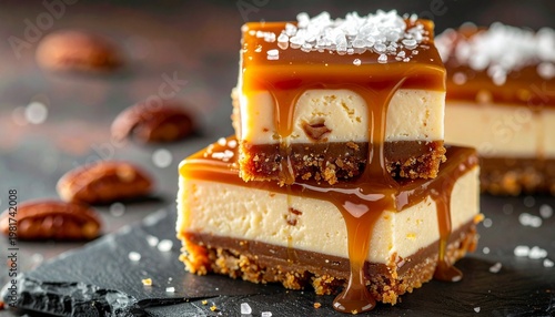 Salted Caramel Cheesecake: A delectable stack of rich, creamy cheesecake squares drizzled with golden caramel and sprinkled with sea salt, alongside a scattering of pecans.