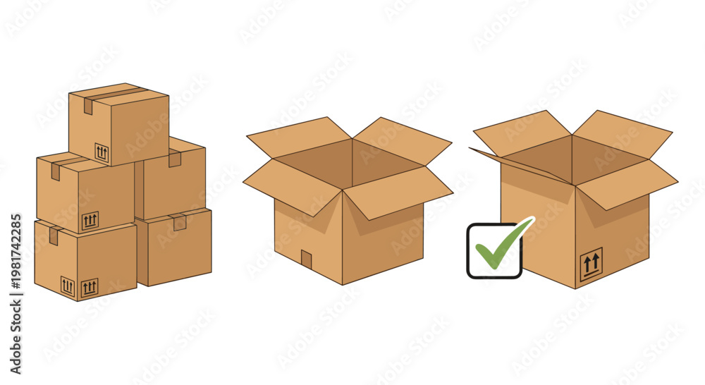 Fototapeta premium Detailed illustration showcasing three different views of cardboard boxes, representing packaging, shipping, storage, delivery, and e-commerce logistics.