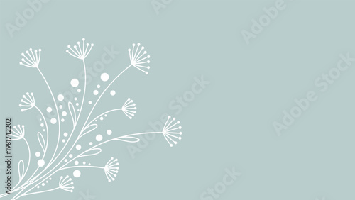 Minimalist botanical illustration features elegant white wildflowers and dots flowing from the corner on a calm dusty blue background.