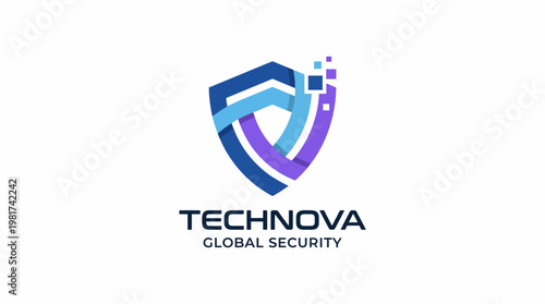 This logo represents a shield combined with digital elements to symbolize global security and tech innovation, suitable for cybersecurity or tech firms focusing on protection.