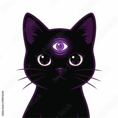 A mystical black cat with an eye on its forehead stares forward.