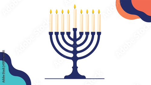 Traditional Jewish Hanukkah menorah with nine glowing candles on a white background featuring abstract blue and orange shapes.