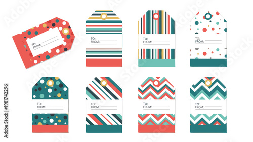 Collection of colorful patterned gift tags with stripes, dots, and chevrons for labeling presents and holiday packages.