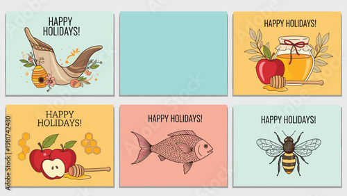 Six Jewish holiday greeting cards featuring traditional symbols like a shofar, honey, apples, fish, and a bee for Rosh Hashanah.