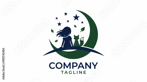 The image represents a logo featuring a silhouette of a girl and fox under a starry sky, reflecting friendship, imagination, and a sense of wonder in a whimsical design approach.